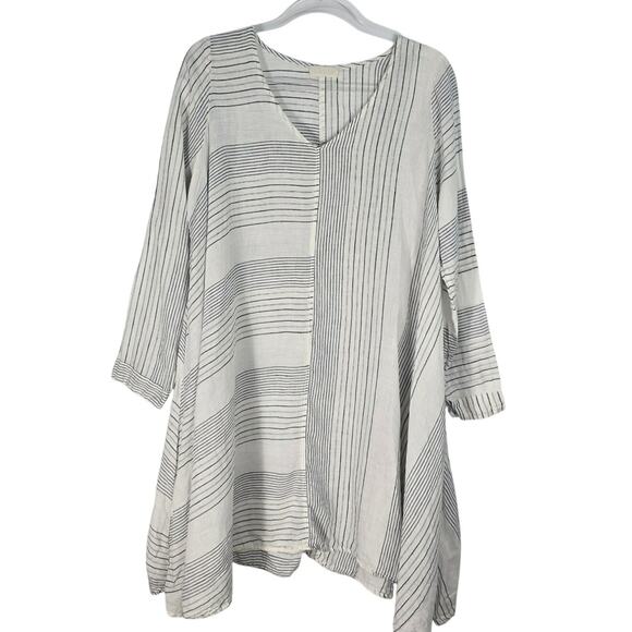 CP Shades Linen Oversized V Neck Dress Tunic Coastal White Blue Stripe Shift S - Picture 1 of 7